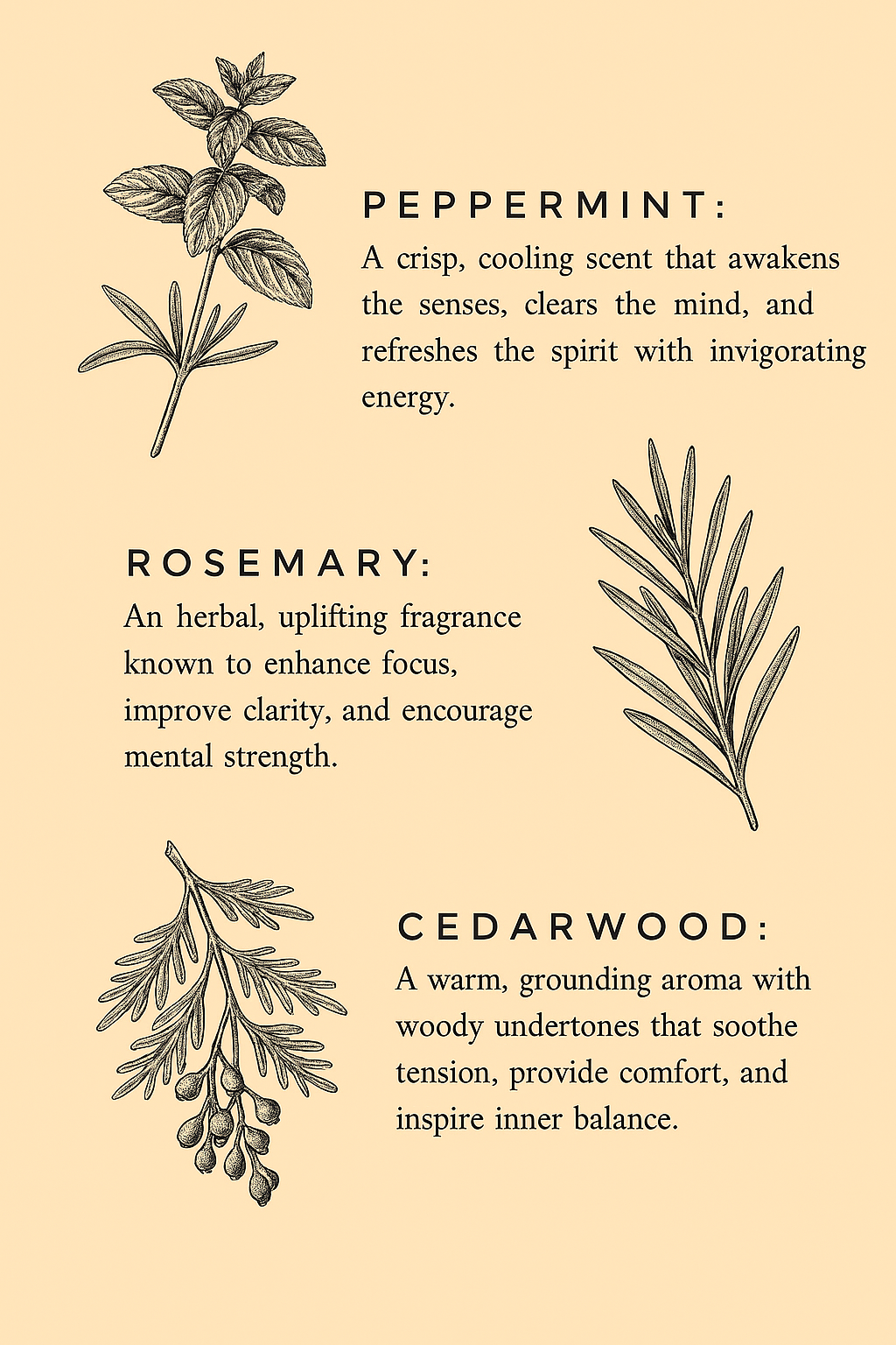 Illustrations of peppermint, rosemary, and cedarwood with descriptive text on a beige background.